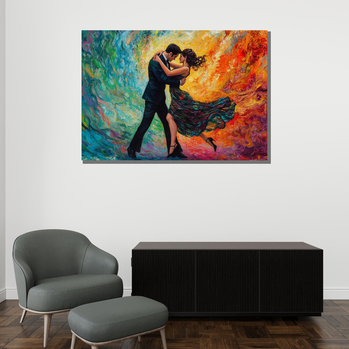 Colorful Impasto Dancing Couple Embrace Fiery Textured Oil Painting Poster - Image 2