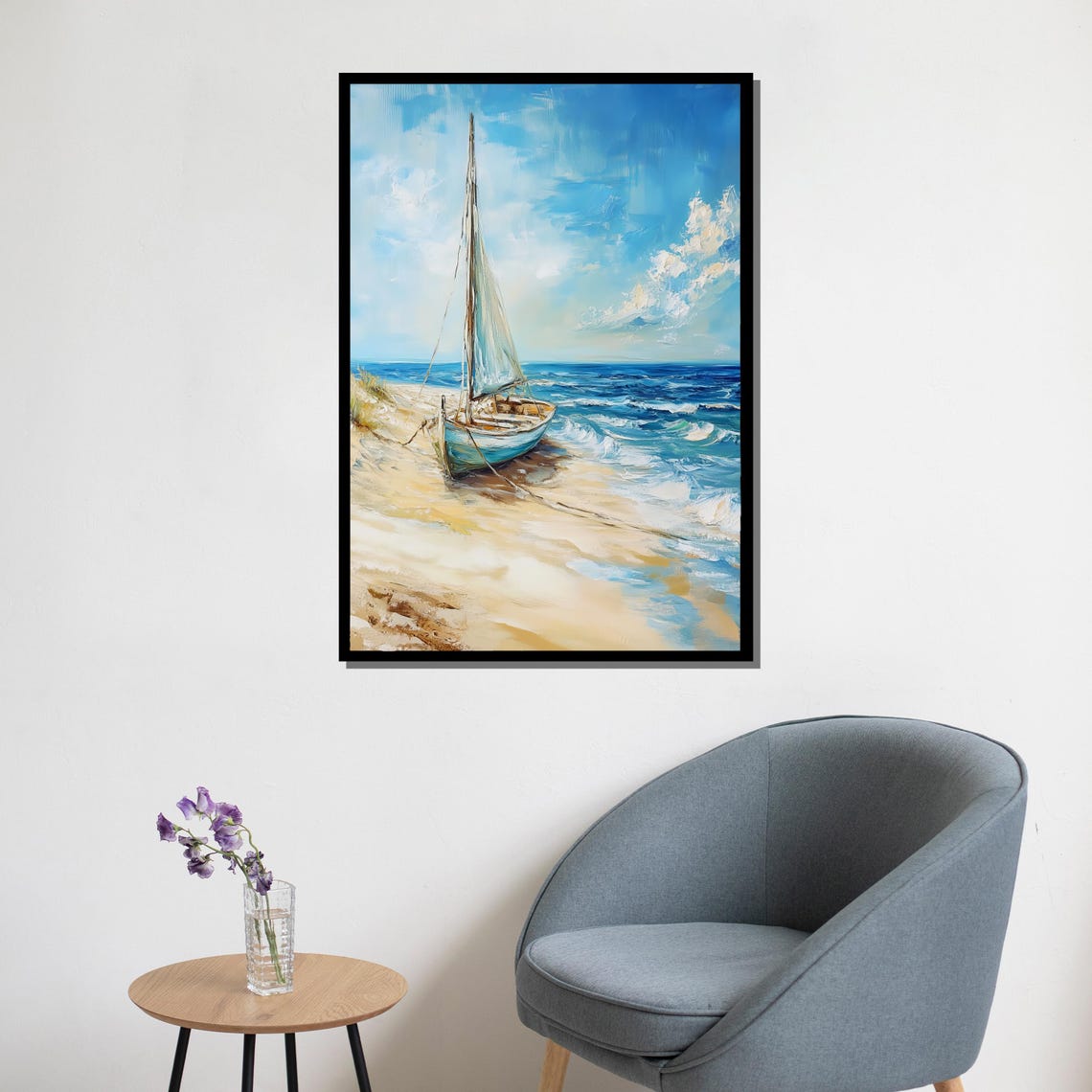 Beached Sailboat Sandy Shore Blue Waves Sunny Coastal Poster - Image 5