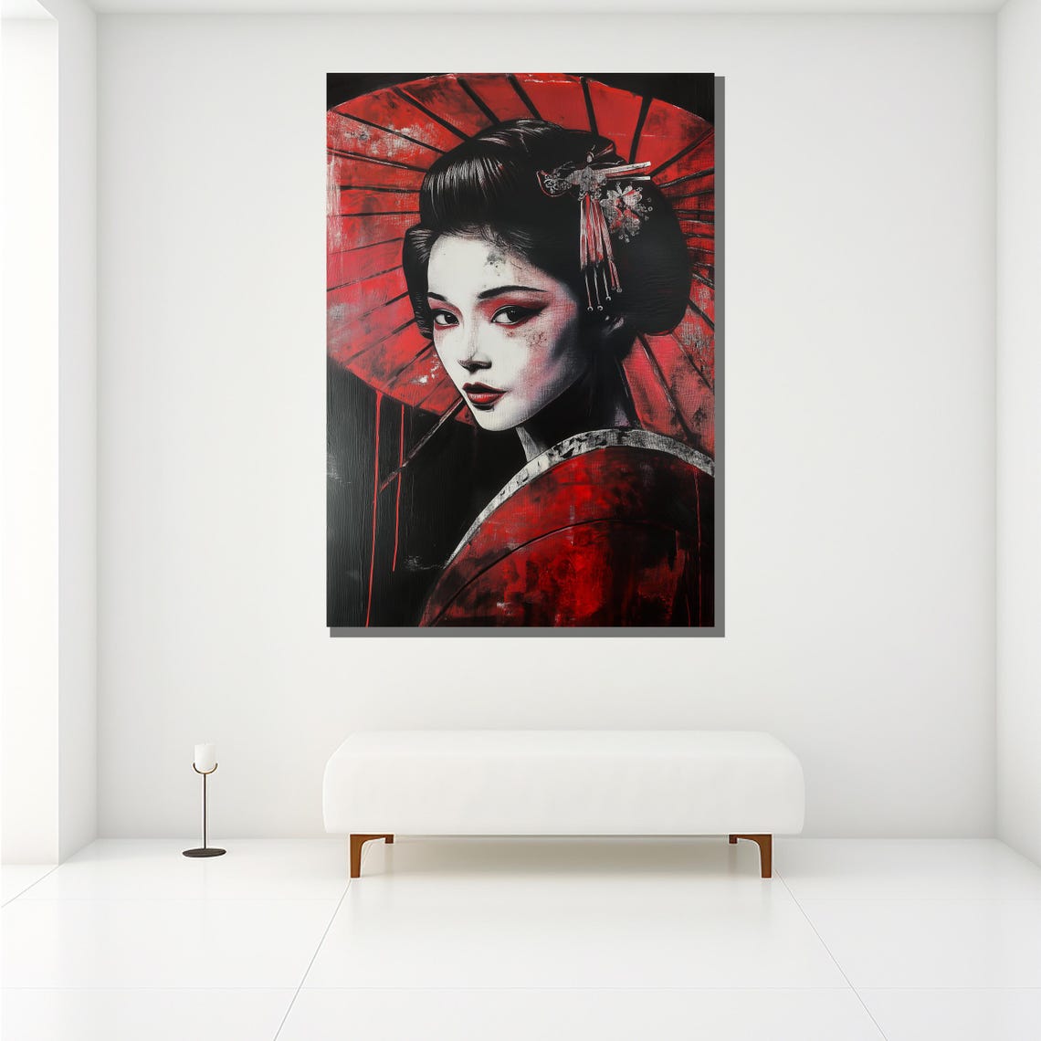 Bold Red Geisha Umbrella Portrait Dramatic Black Japanese Art Poster - Image 2
