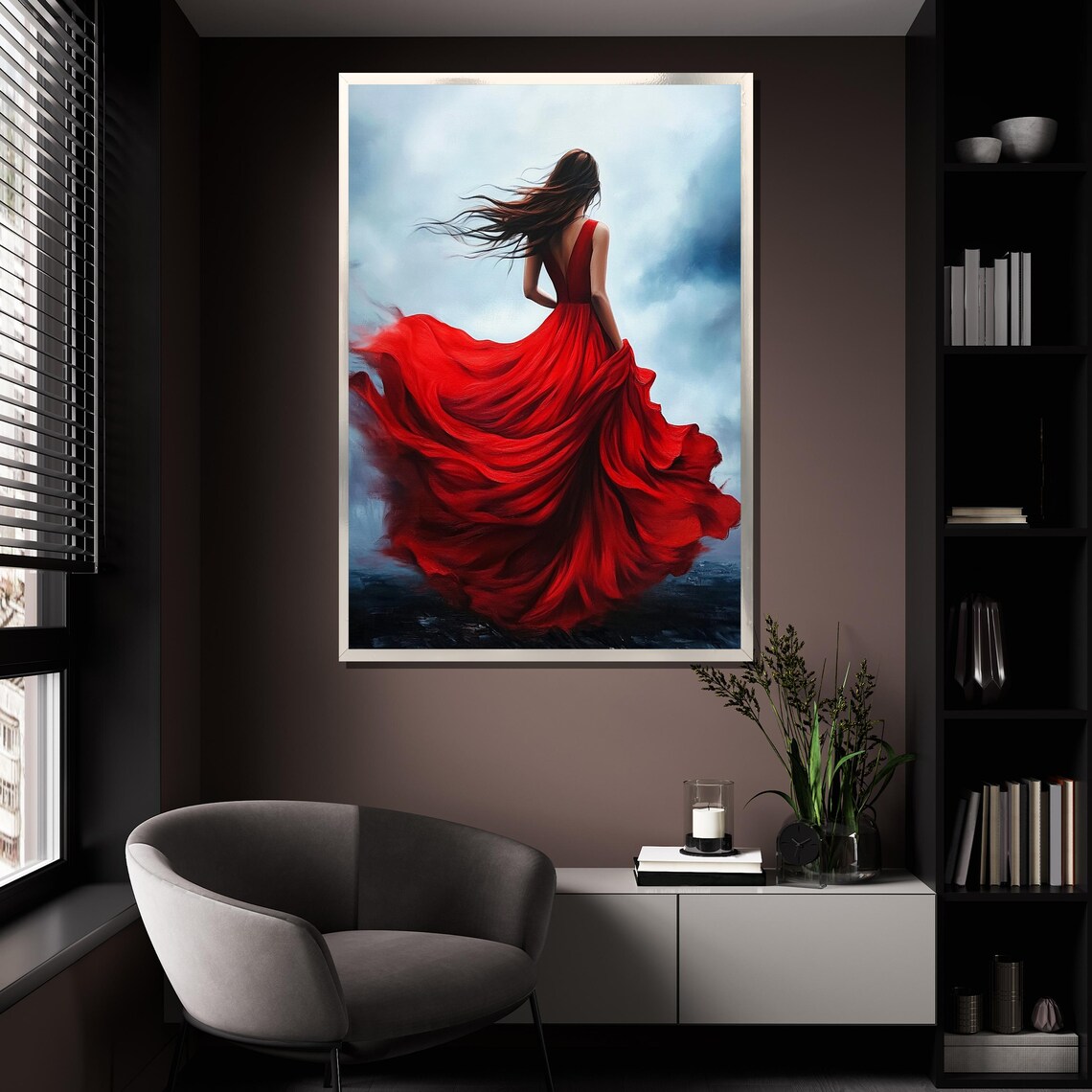 Red Dress Woman, Elegant Modern Wall Art Print - Image 4