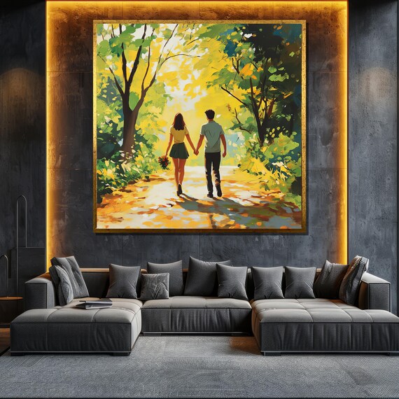 Romantic Couple Walking In Nature Painting Bright Forest Wall Art Gift For Bedroom Or Living Room Decor