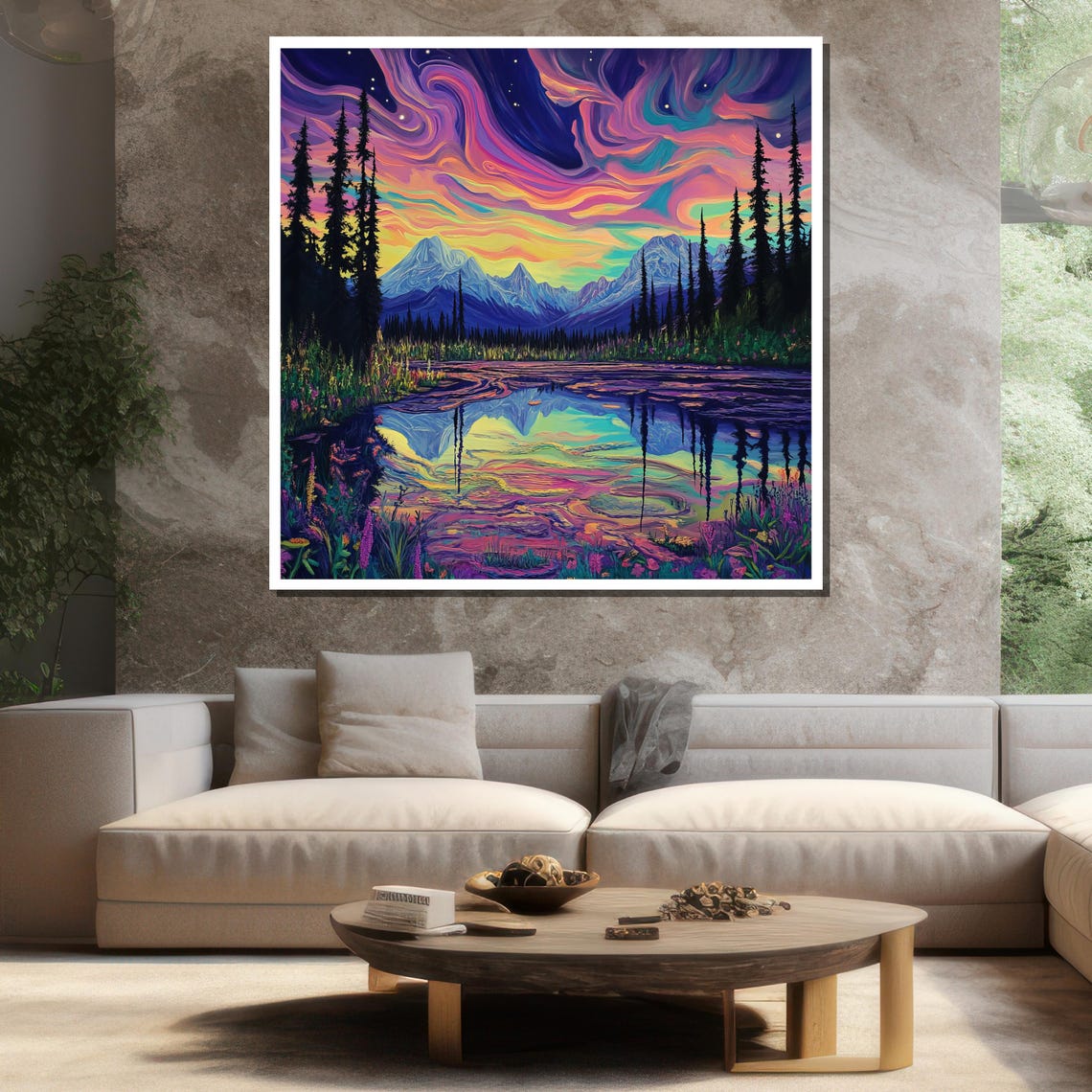 Aurora Over Mountain Lake Painting Colorful Wall Art For Home Decor And Nature Lovers Gift - Image 3