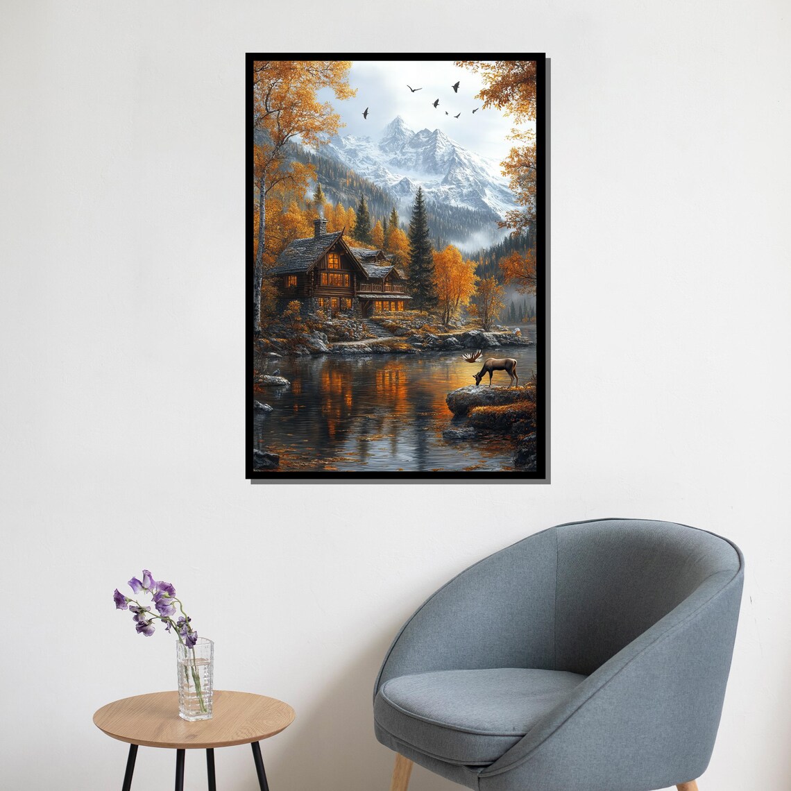 Mountain Lake Cabin At Autumn With Moose Wildlife Scenic Art Poster - Image 5