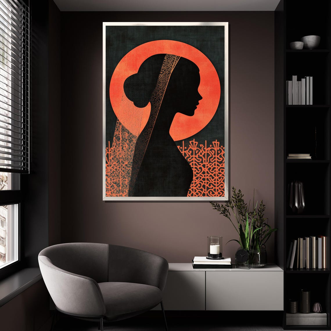 Woman Silhouette Red Sun Oriental Lace Pattern Modern Art Wall Poster - Image 4