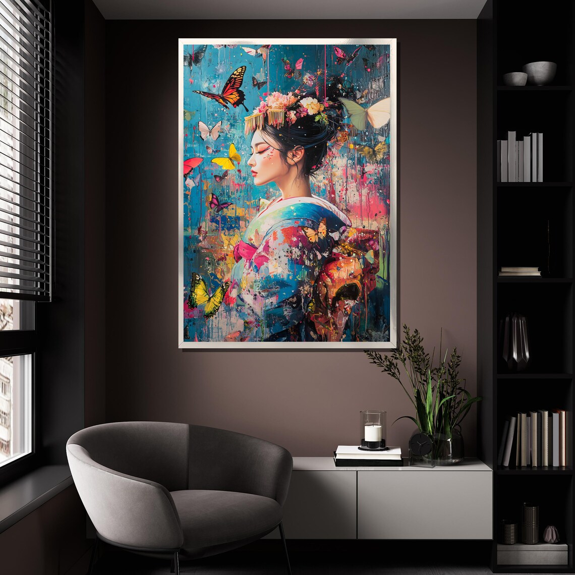 Japanese Geisha With Butterflies Colorful Textured Portrait Poster - Image 4