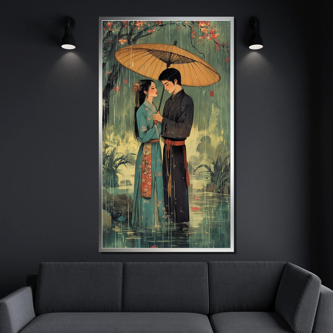 Romantic Chinese Couple Under Paper Umbrella In Rain Art Wall Poster - Image 4