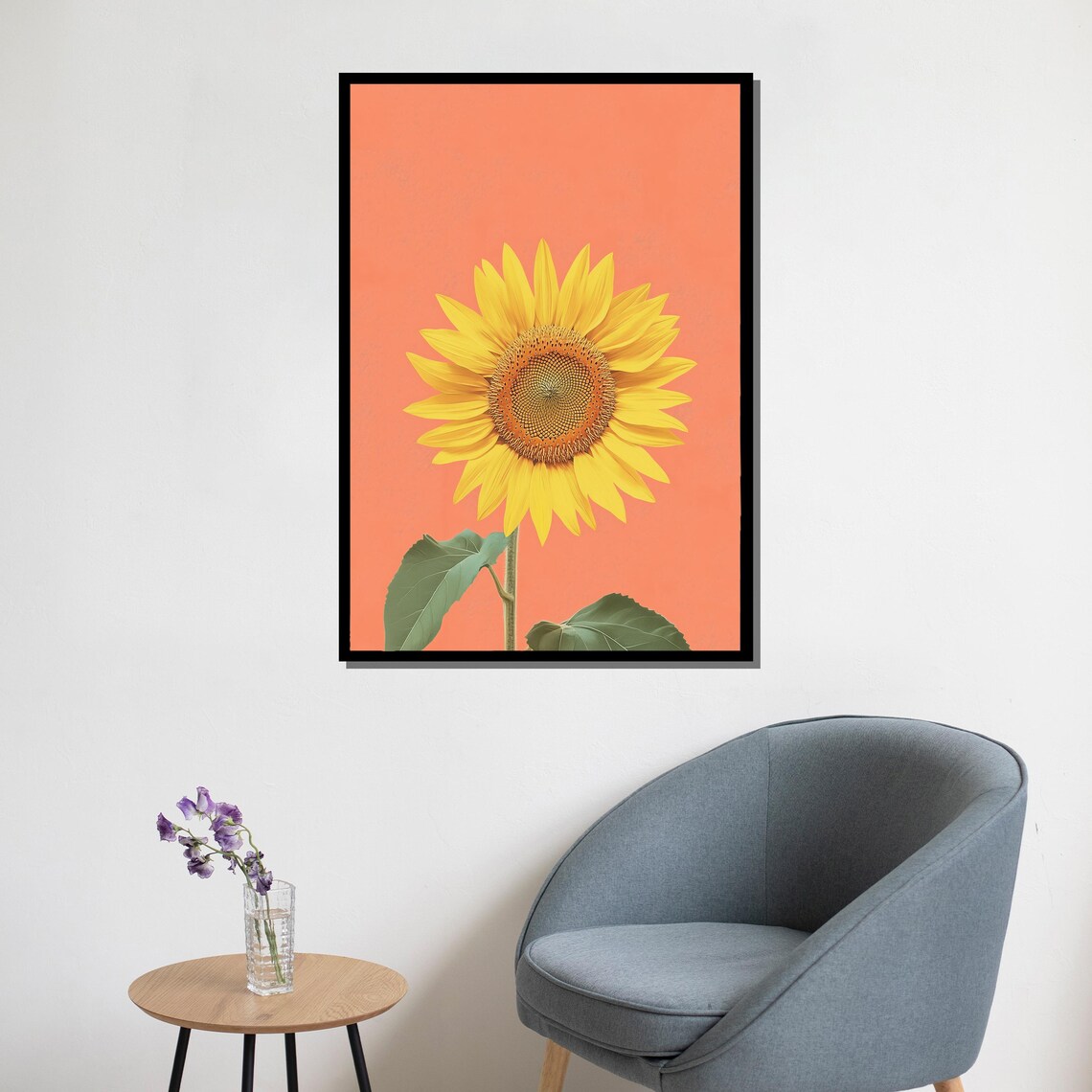 Bright Yellow Sunflower On Coral Pink Background Modern Art Poster - Image 5