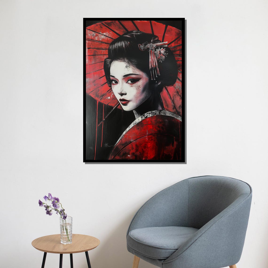 Bold Red Geisha Umbrella Portrait Dramatic Black Japanese Art Poster - Image 5