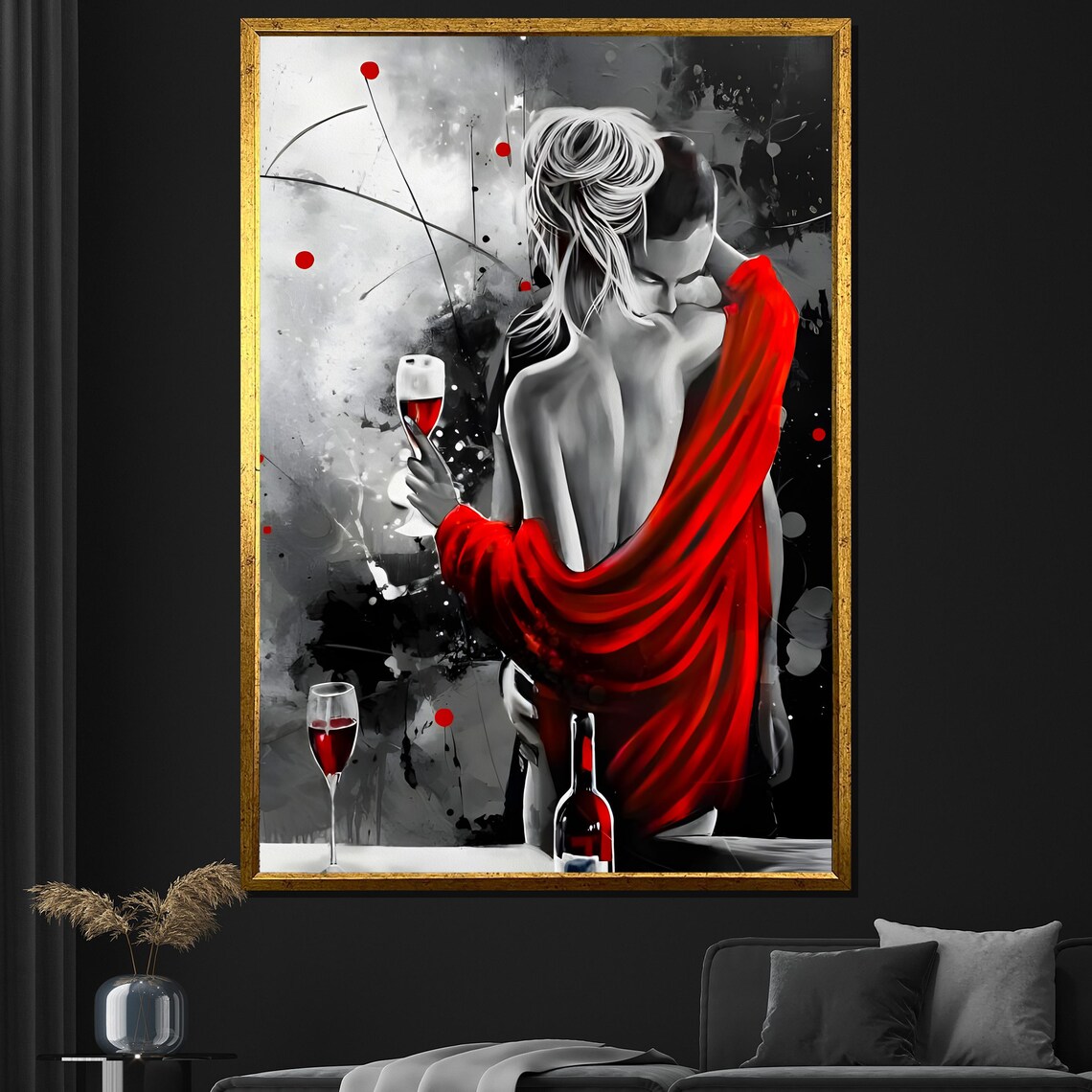 Red Black Abstract Couple Wine Glasses Passionate Painting Wall Poster