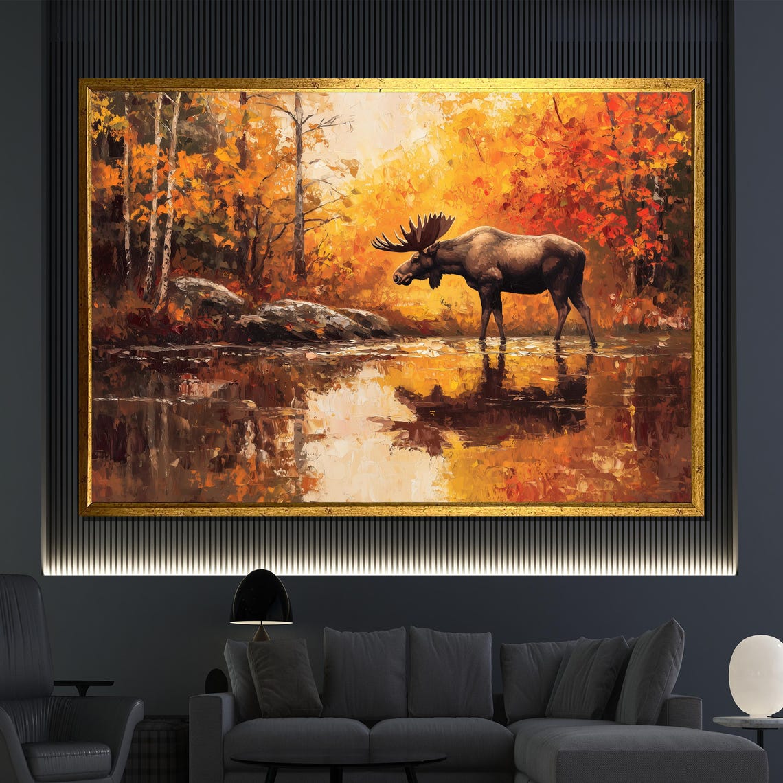 Bull Moose Autumn Forest Lake Reflection Wildlife Art Poster