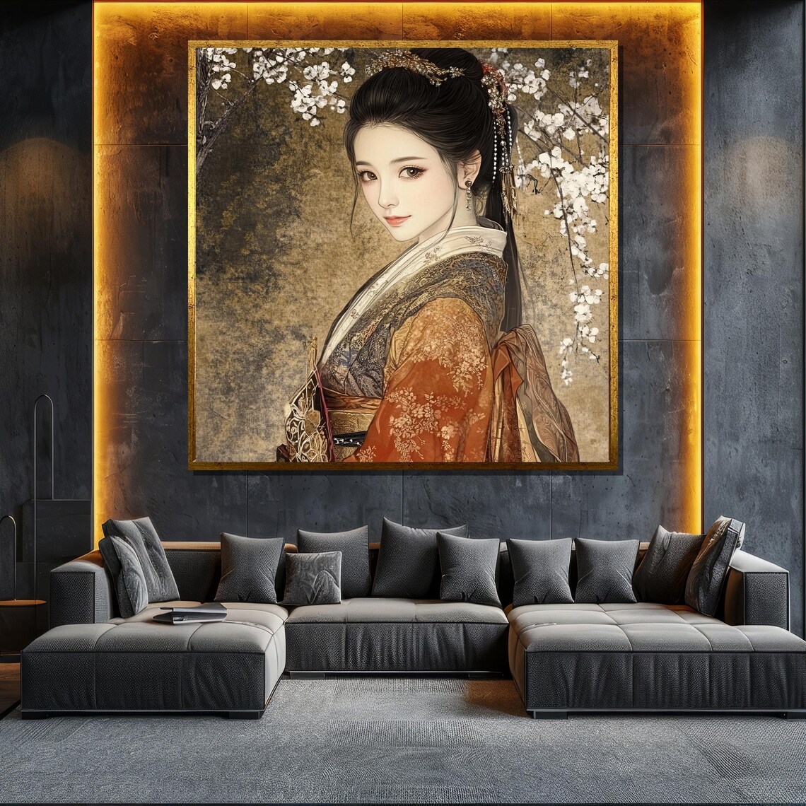 Chinese Woman In Hanfu With Cherry Blossoms Elegant Art Poster
