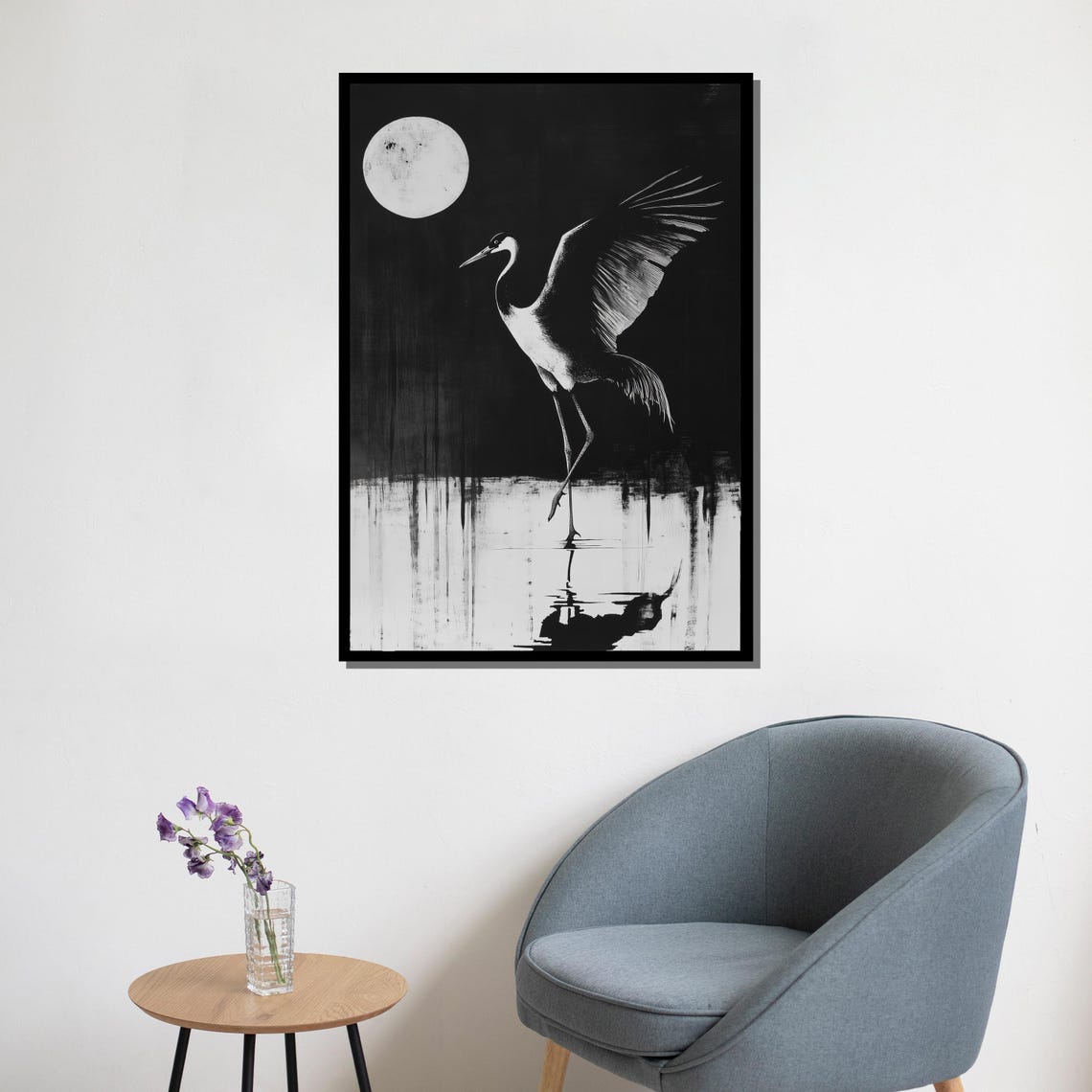 Black White Crane Full Moon Night Minimalist Ink Wildlife Bird Poster - Image 5
