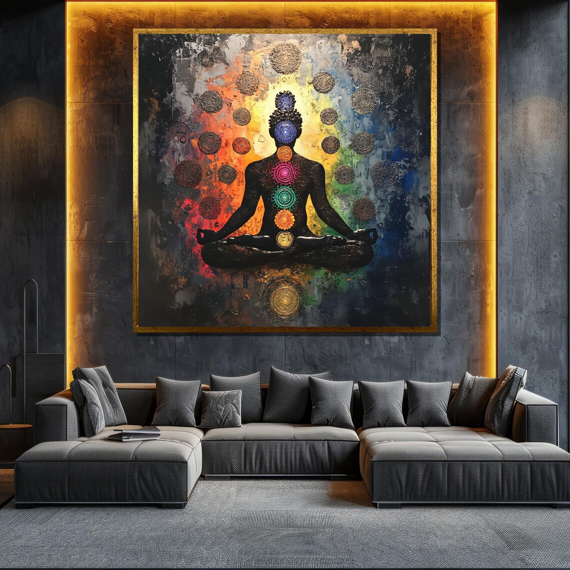 Seven Chakra Meditation Silhouette Vibrant Energy Spiritual Yoga Poster