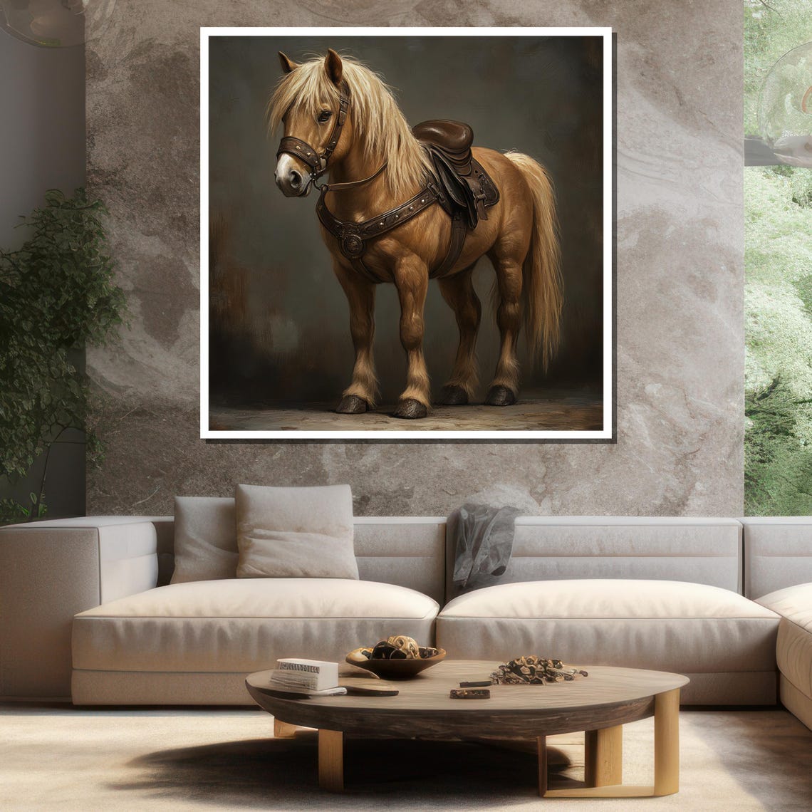 Golden Pony Horse With Saddle Rustic Elegant Equine Art Poster - Image 3