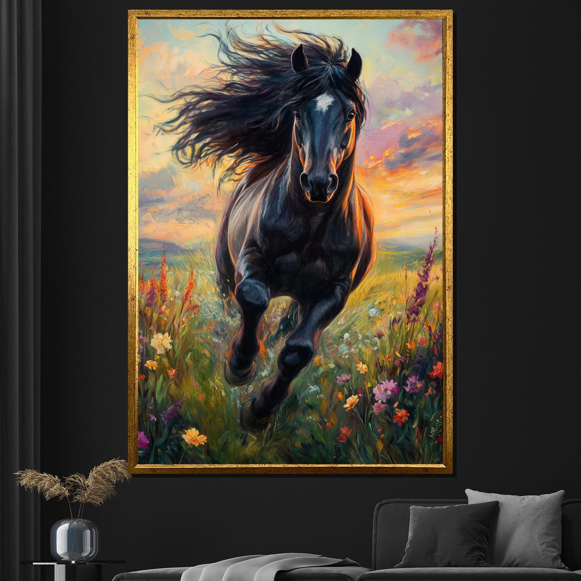 Black Horse Galloping Wildflowers Sunset Dynamic Equine Poster