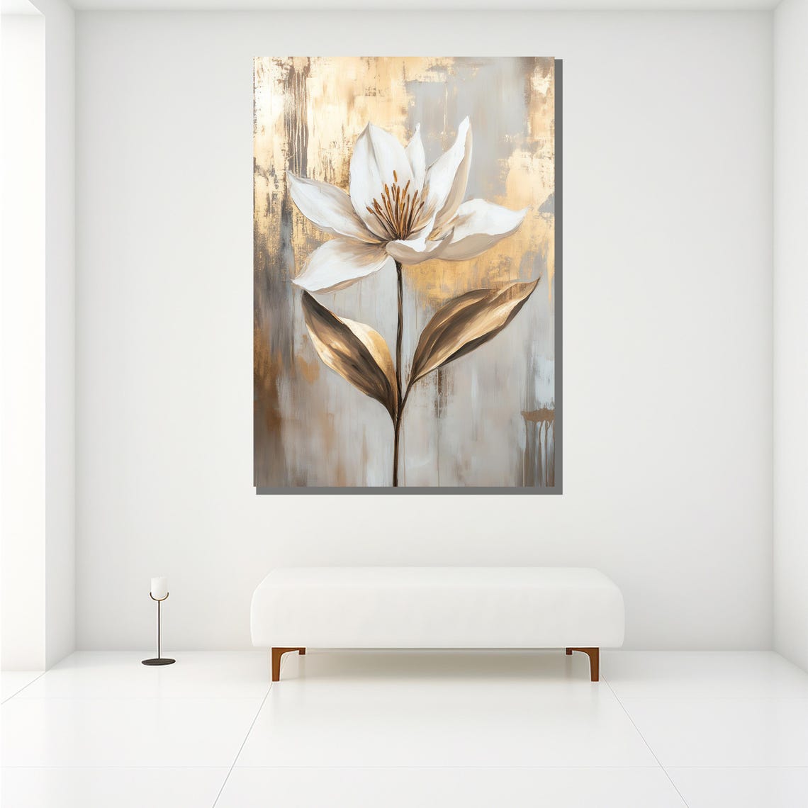 White Magnolia Flower With Bronze Leaves On Textured Gold Art Print - Image 2