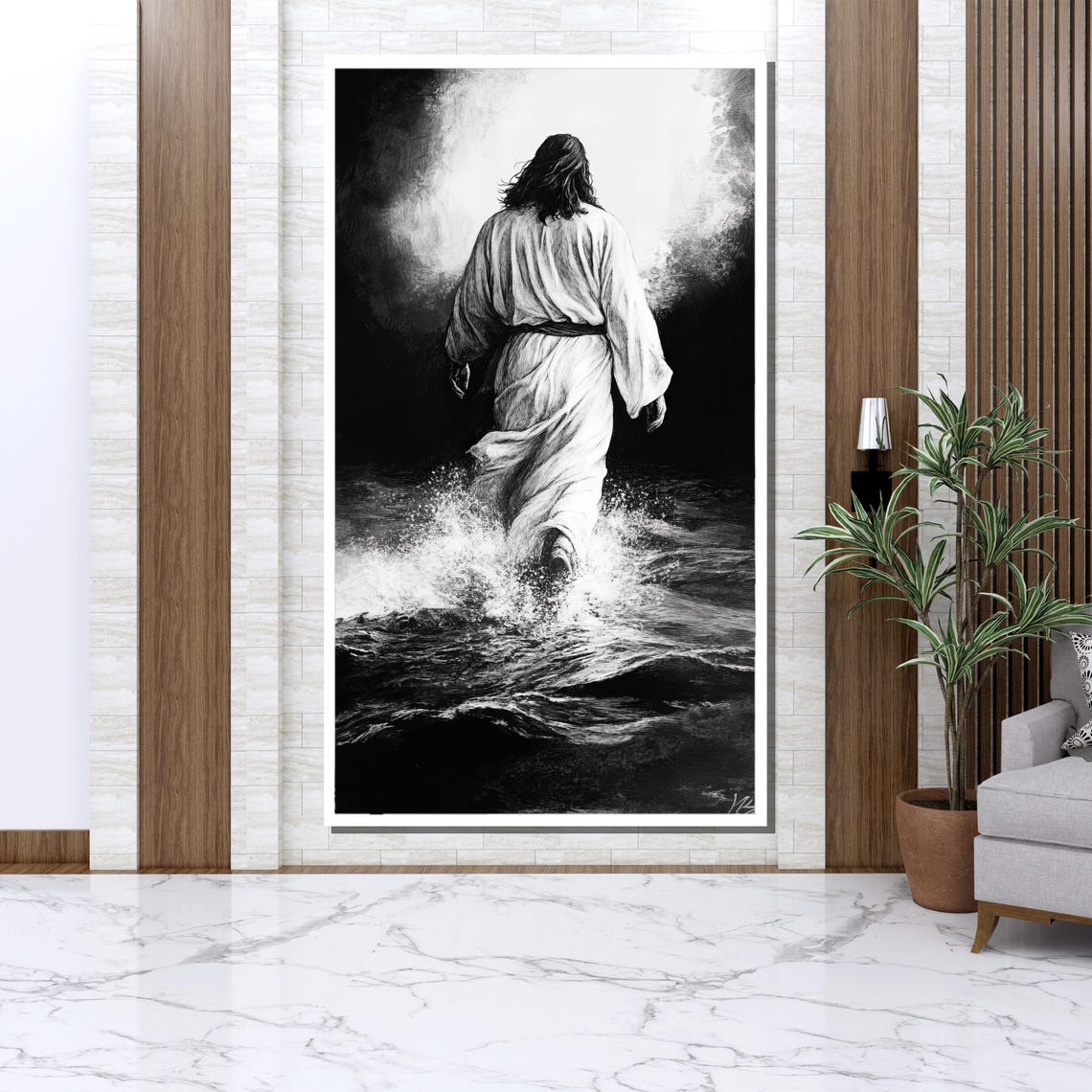 Black And White Jesus Walking On Water Under Heavenly Light Poster - Image 3
