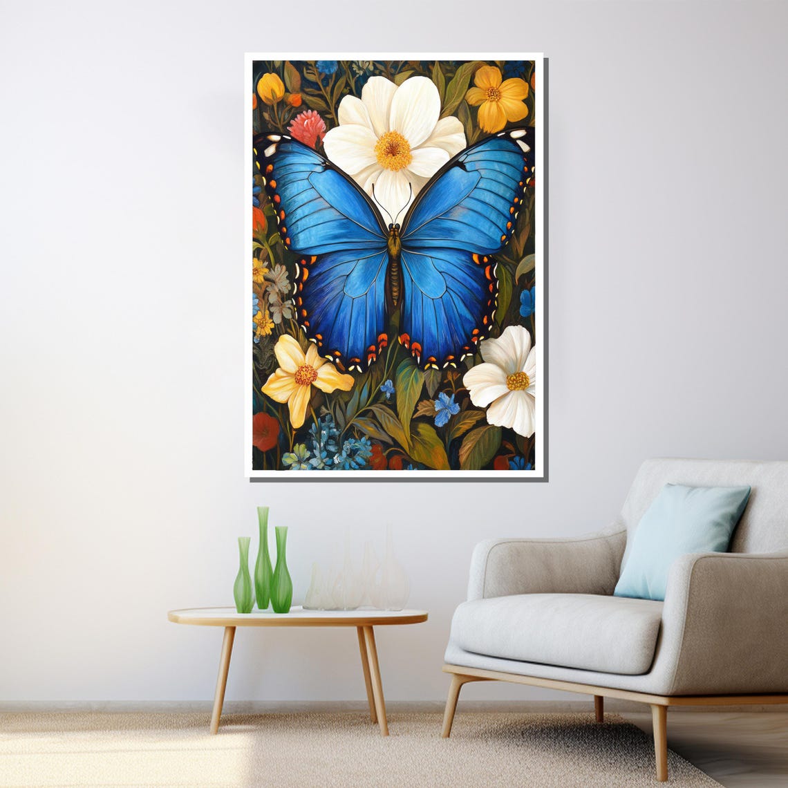 Blue Morpho Butterfly Floral Garden Vibrant Nature Art Poster - Image 3