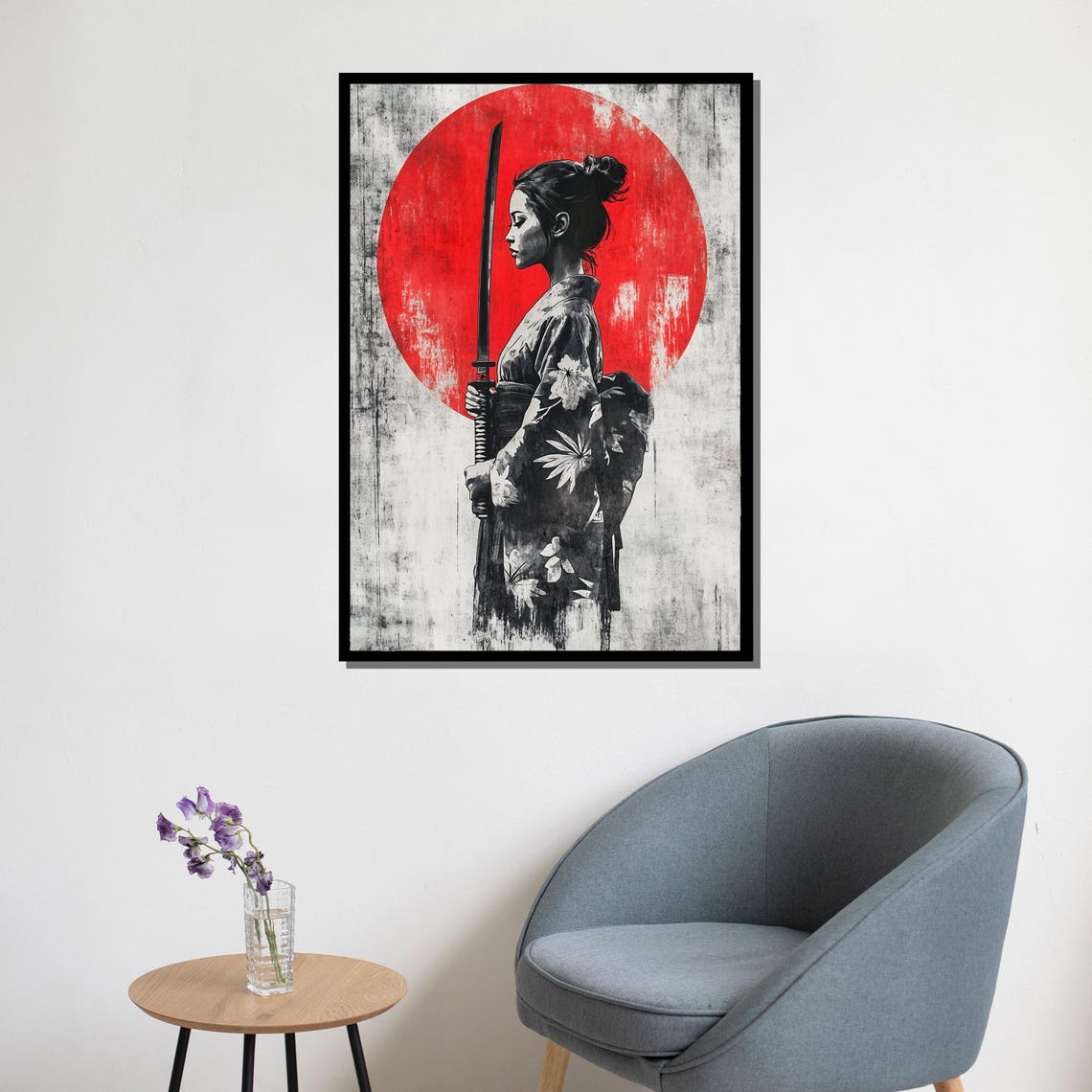 Samurai Woman Katana Red Sun Japanese Ink Painting Warrior Wall Art - Image 5