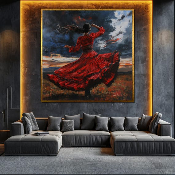 Dancing Woman In Red Painting Dramatic Wall Art Textured Oil Painting For Living Room Gift For Art Lovers