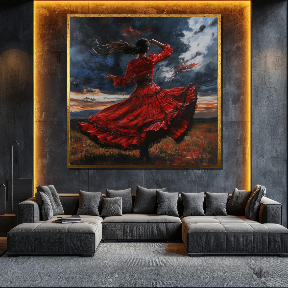 Flamenco Dancer In Red Dress Spinning At Sunset Field Painting Poster