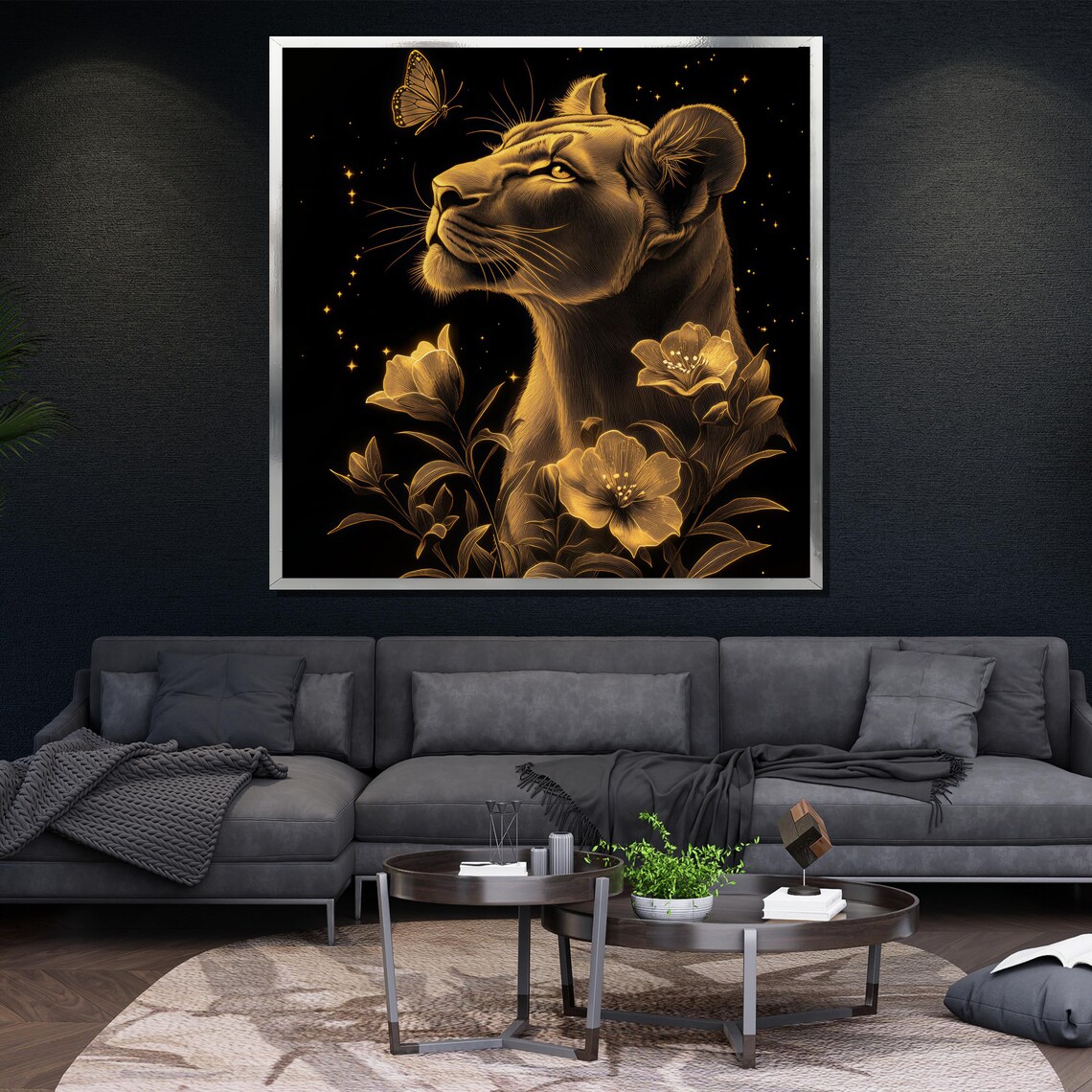 Lioness Golden Floral Elegant Black Gold Wildlife Butterfly Wall Art - Image 4