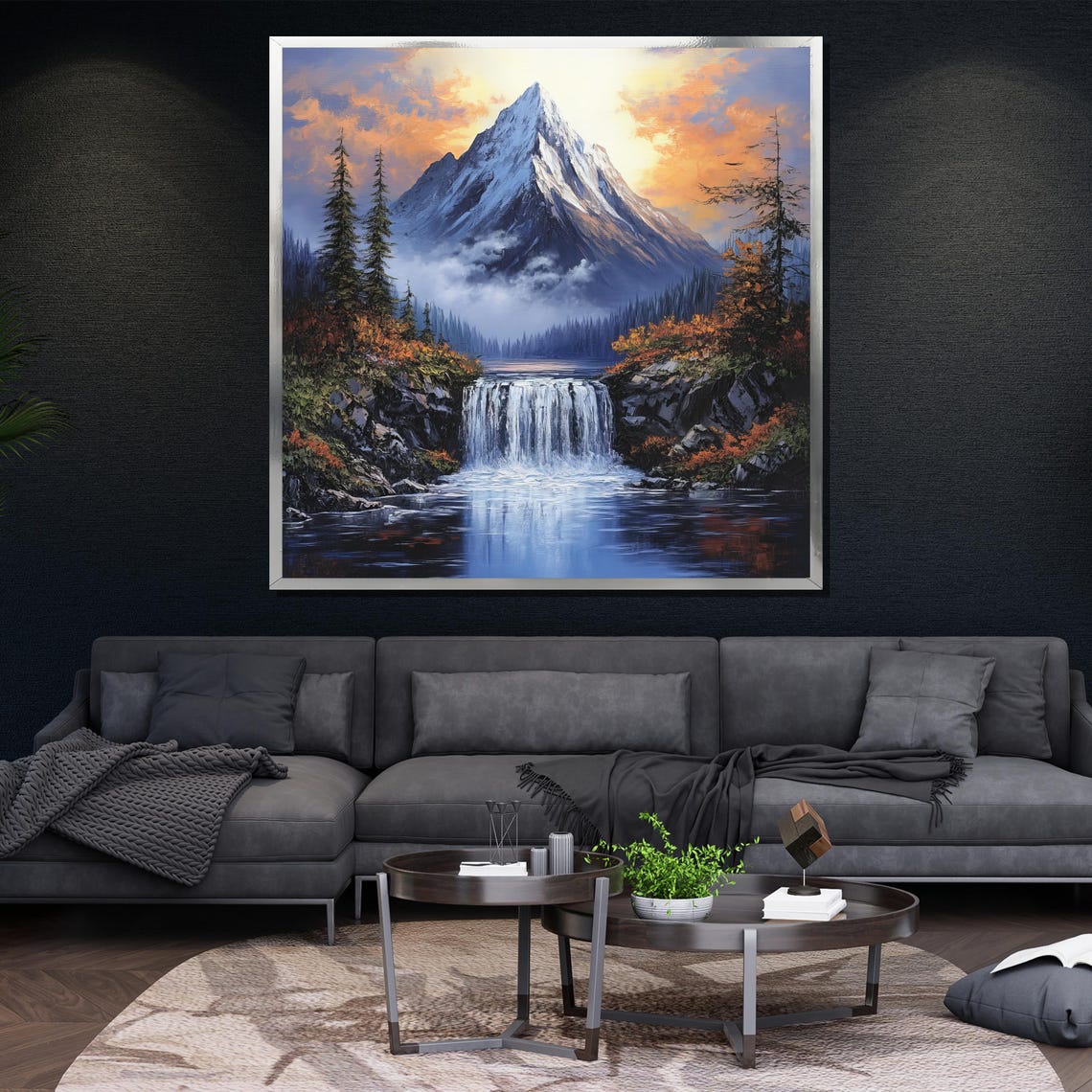 Snowy Mountain Peak Waterfall Autumn Forest Dramatic Landscape Poster - Image 4