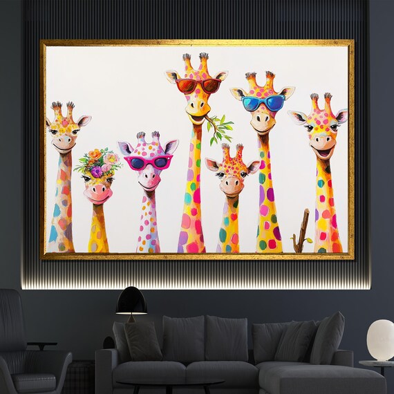 Seven Colorful Giraffes Sunglasses Painting Whimsical Fun Safari Animal Wall Art Poster