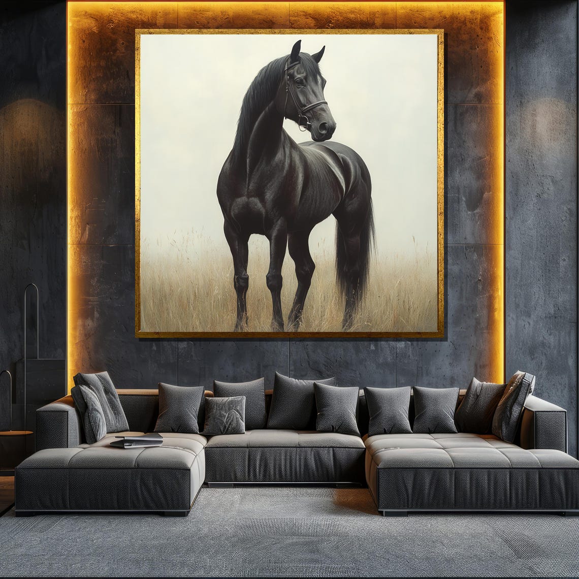 Majestic Black Horse Misty Golden Field Elegant Equine Art Poster