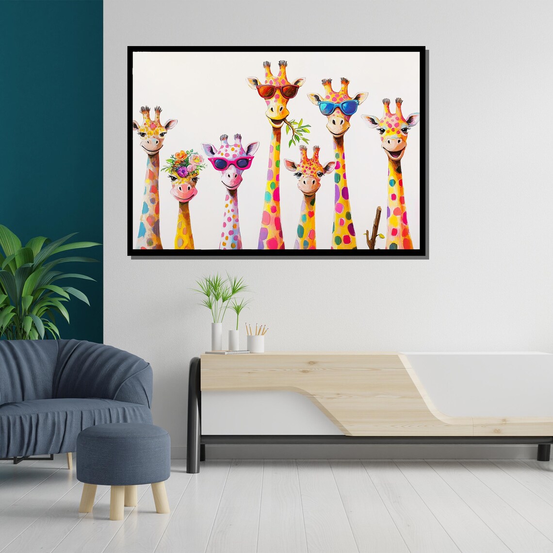 Seven Colorful Giraffes Sunglasses Painting Whimsical Fun Safari Animal Wall Art Poster - Image 5