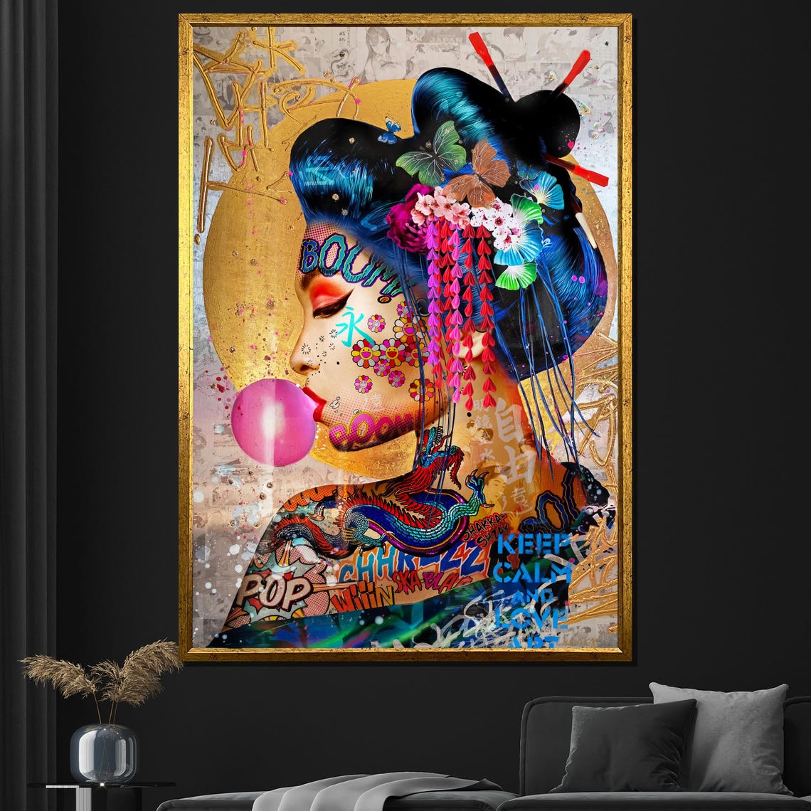 Pop Art Geisha Blowing Pink Bubblegum Bubble Graffiti Wall Poster