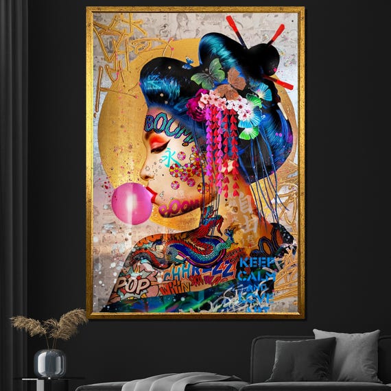 Bubblegum Geisha Painting Vibrant Graffiti Street Art Decor Modern And Bold Wall Art Unique Gift Idea