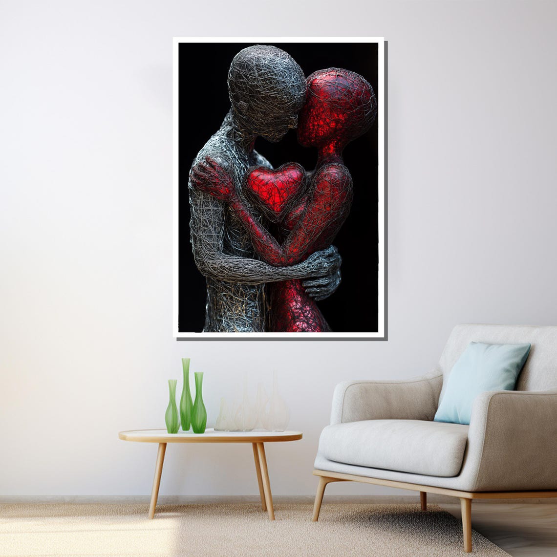 Abstract Wire Sculpture Couple Embrace Glowing Red Heart Wall Poster - Image 3