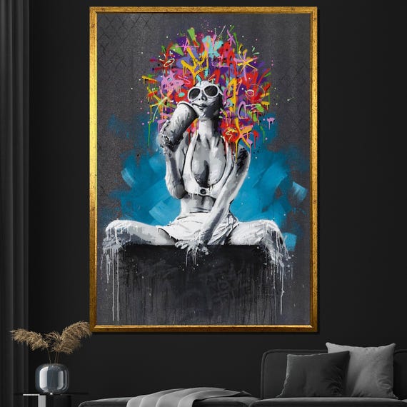 Graffiti Style Woman Art Bold Abstract Wall Art With Blue And Vibrant Colors For Home Or Gift