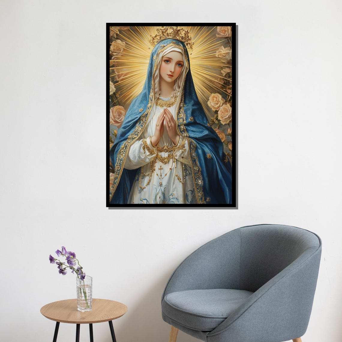 Virgin Mary Praying Blue Mantle Golden Halo Roses Catholic Art Poster - Image 5