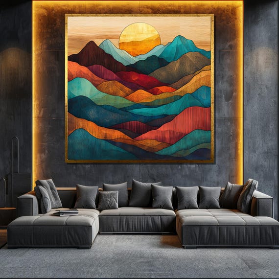 Abstract Sunset Mountain Painting Vibrant Nature Wall Art For Living Room Decor Modern Landscape Gift