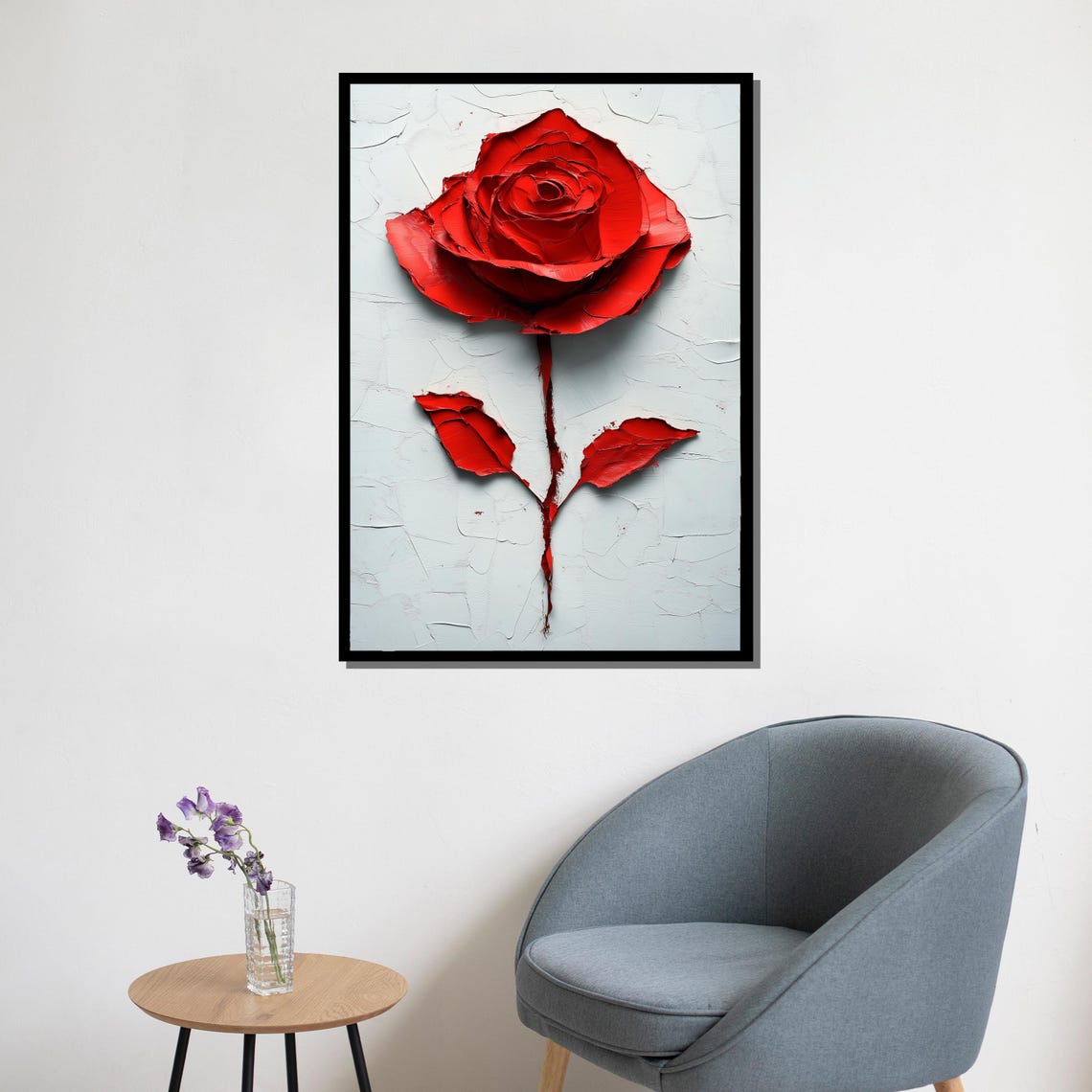 Red Rose Textured Impasto Single Bloom Bold Floral Painting Wall Art - Image 5