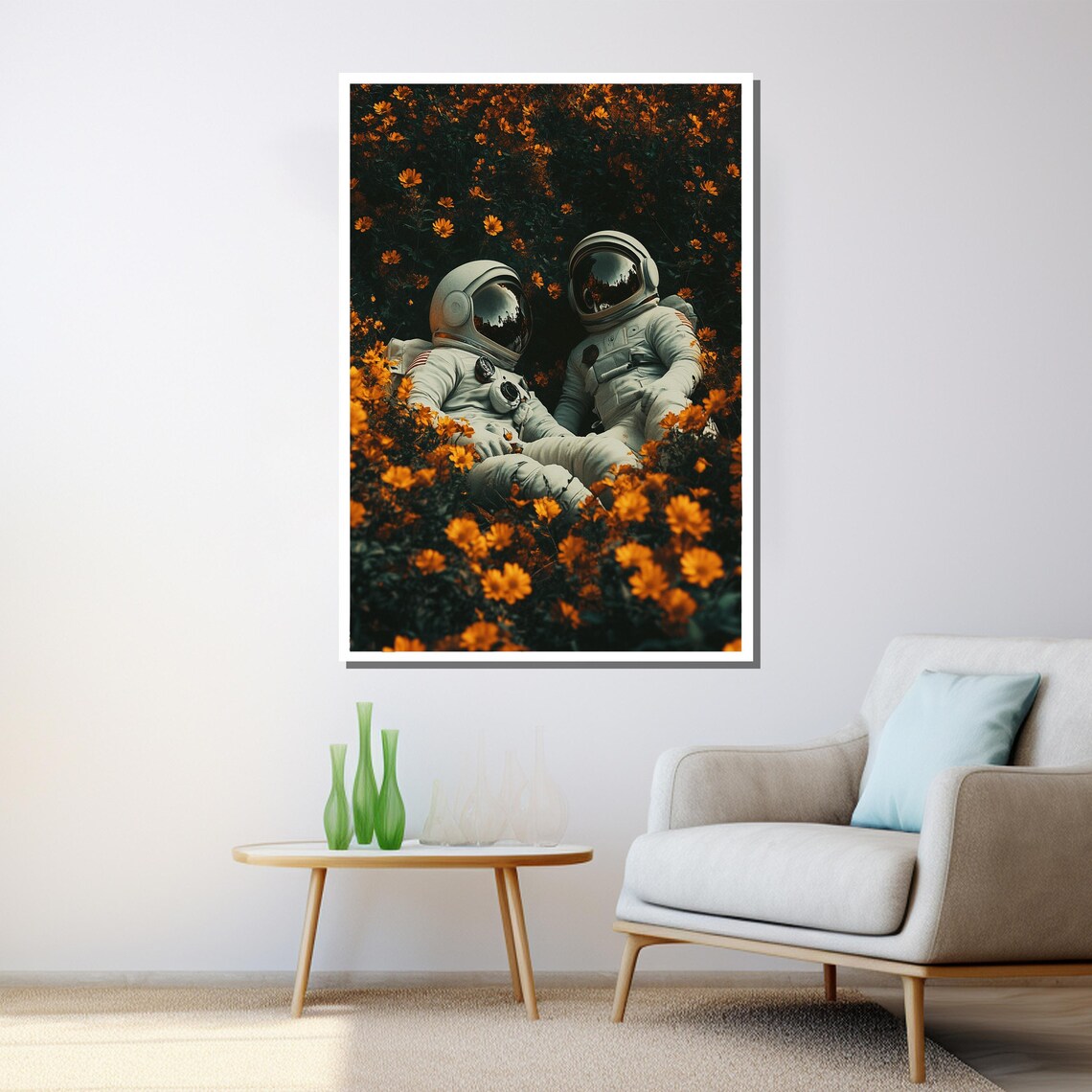 Two Astronauts Resting Together In A Field Of Orange Flowers Poster - Image 3