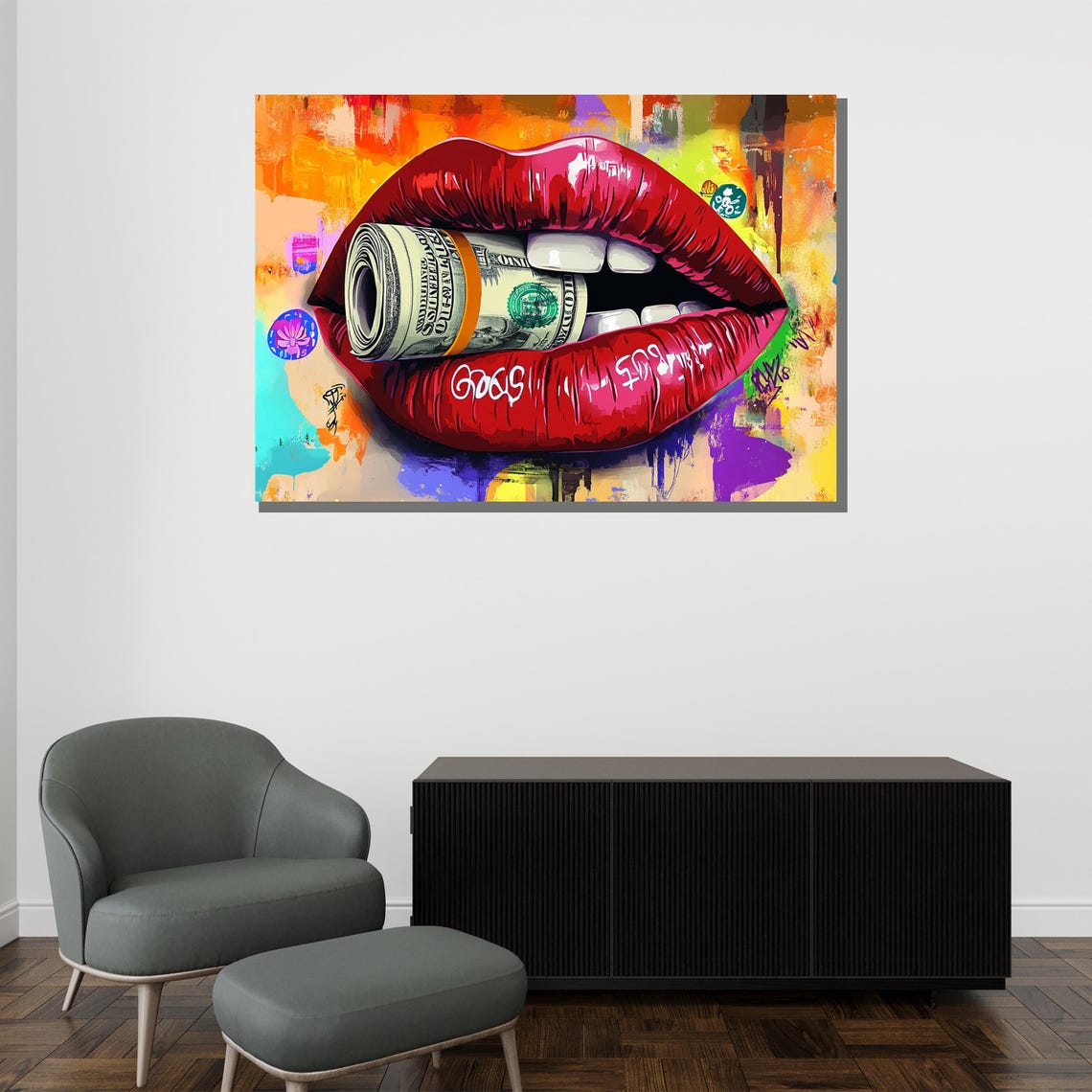 Bold Lips With Money Painting Modern Graffiti Wall Art Unique Pop Art Gift For Home Decor - Image 2
