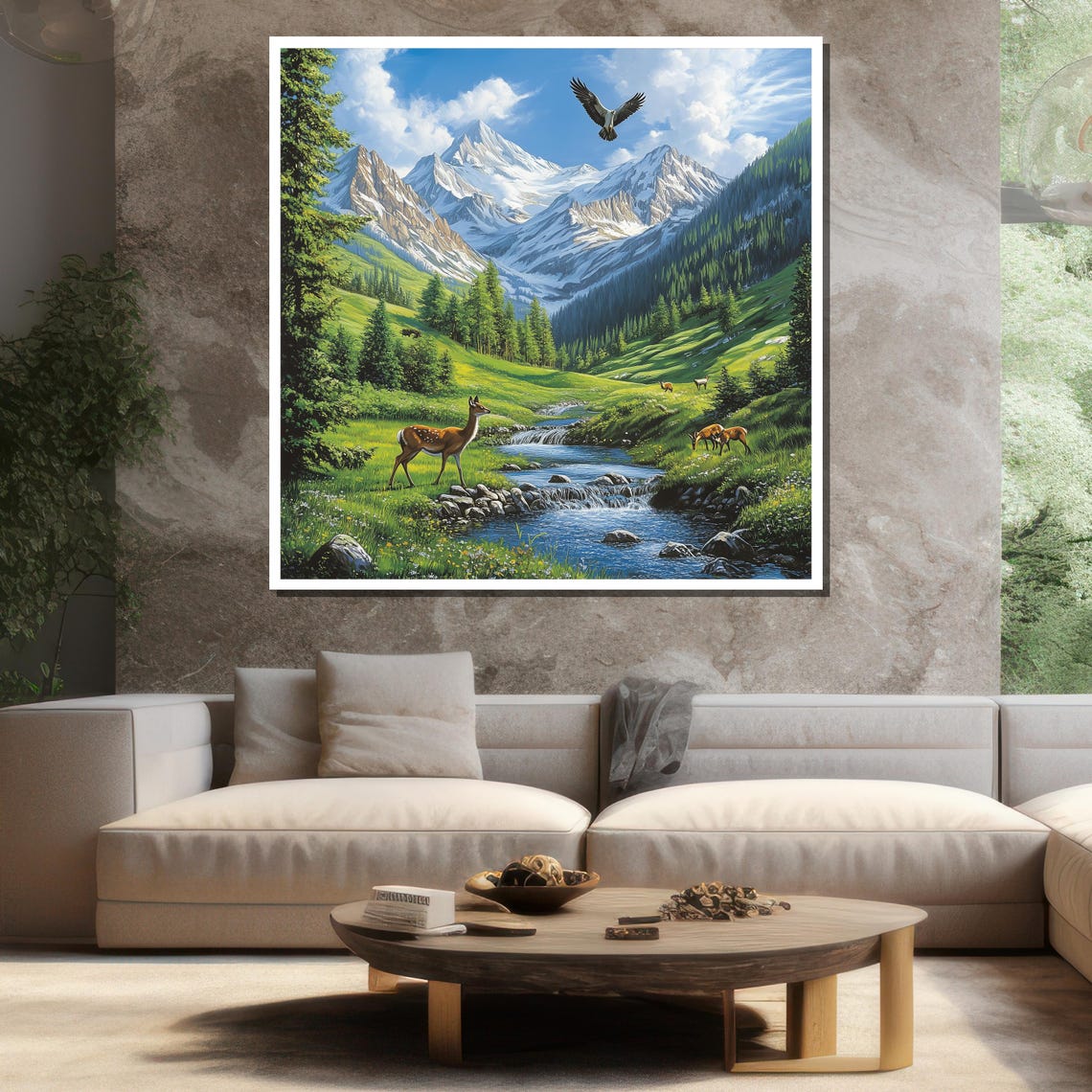 Mountain Deer River Alpine Meadow Wildlife Scenic Nature Wall Art - Image 3
