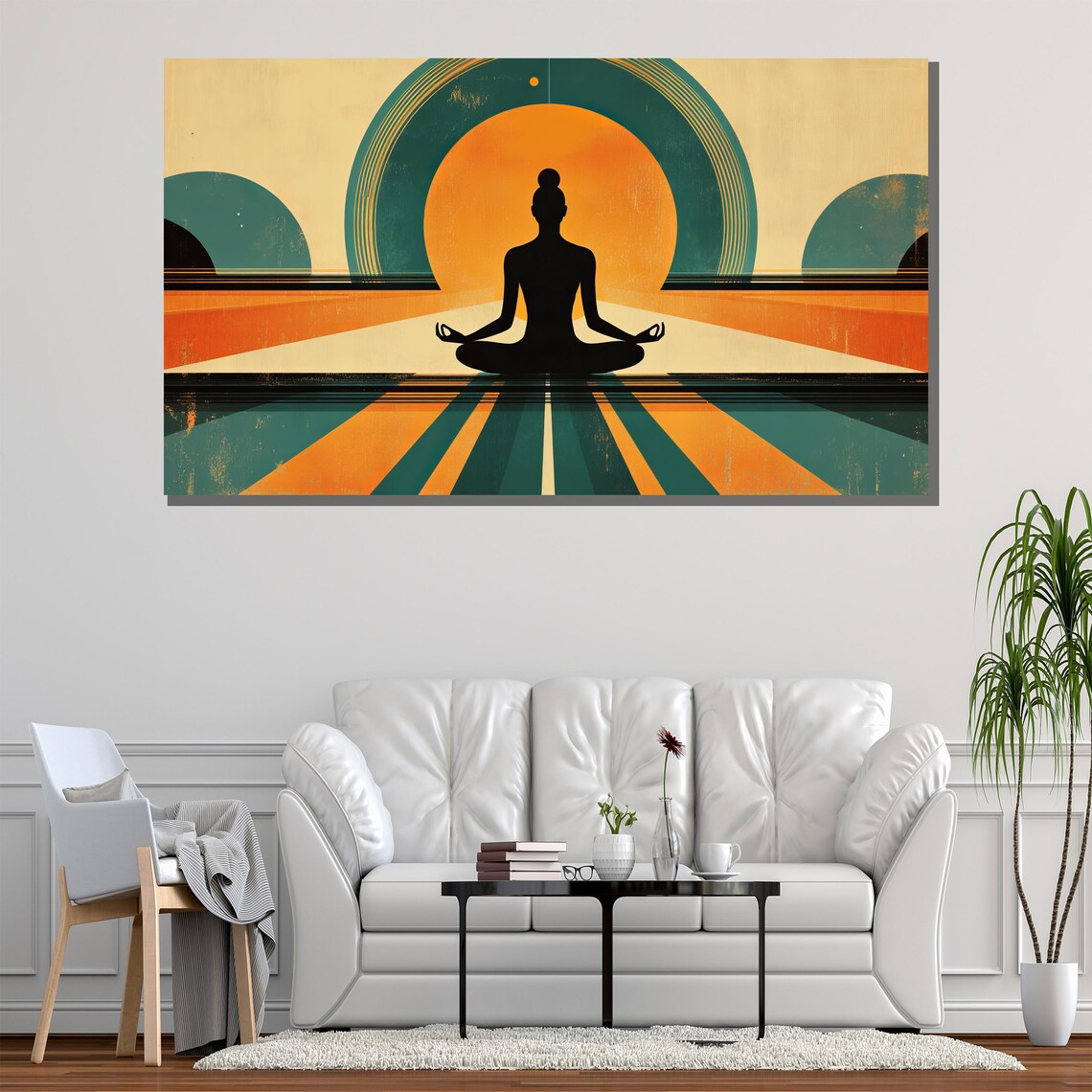 Retro Meditation Silhouette Orange Sun Teal Vintage Yoga Zen Art Poster - Image 2