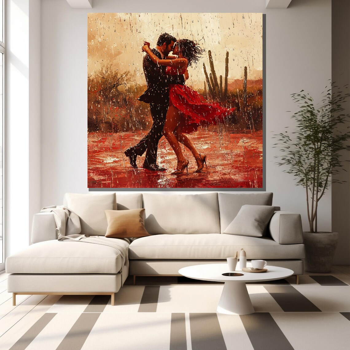 Romantic Couple Dancing In Rain Woman In Red Dress Textured Painting Poster - Image 2