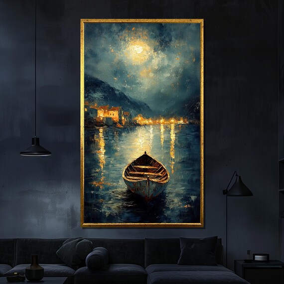 Moonlit Boat Painting Night Lake Wall Art For Living Room Decor Serene Nautical Gift For Art Lovers