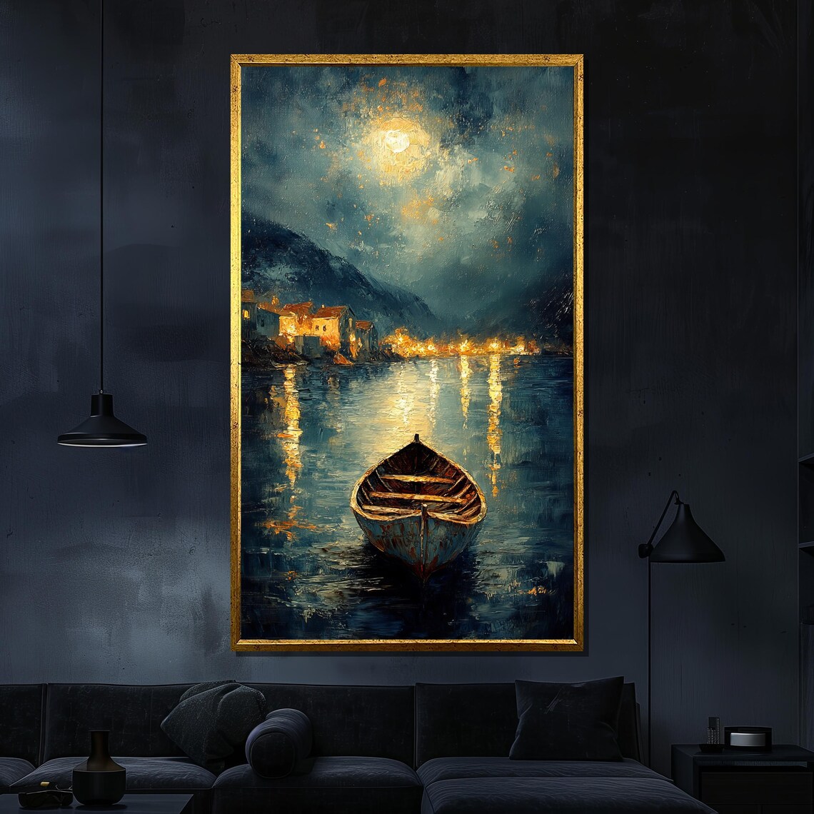 Moonlit Wooden Boat Night Lake Village Lights Serene Night Poster