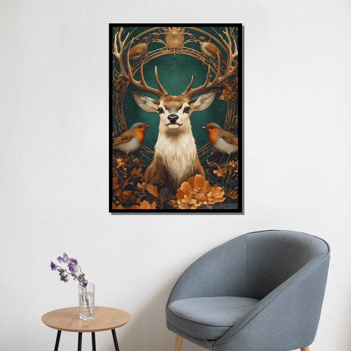Stag Antlers Robins Golden Elegant Deer Portrait Nature Wall Art - Image 5
