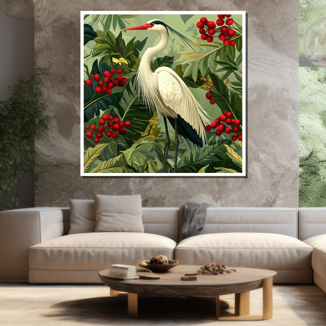 White Heron Red Berries Tropical Green Leaves Elegant Bird Poster - Image 3
