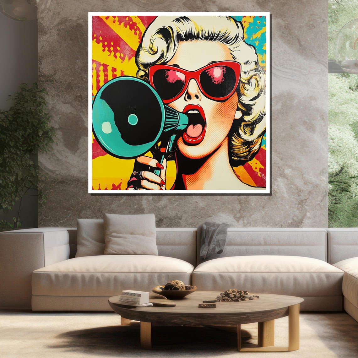 Pop Art Woman With Megaphone Retro Sunglasses Colorful Wall Poster - Image 3