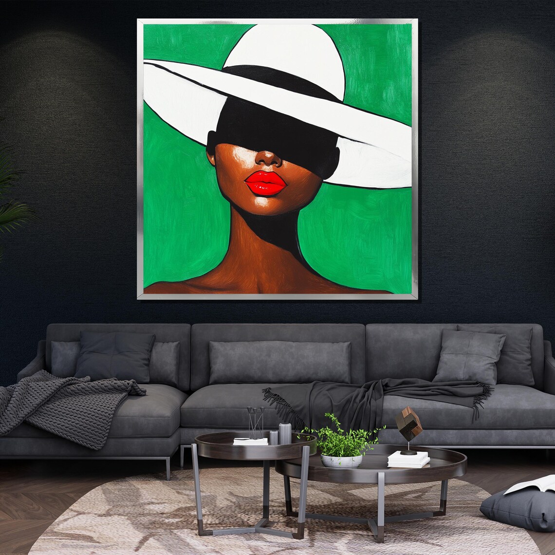 Stylish Woman White Hat Red Lips Green Background Bold Art Wall Poster - Image 4
