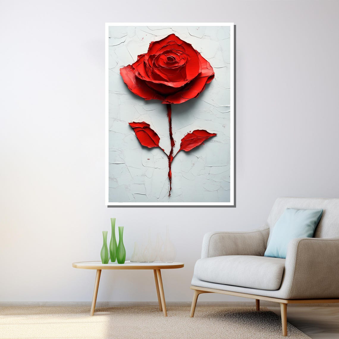 Red Rose Textured Impasto Single Bloom Bold Floral Painting Wall Art - Image 3