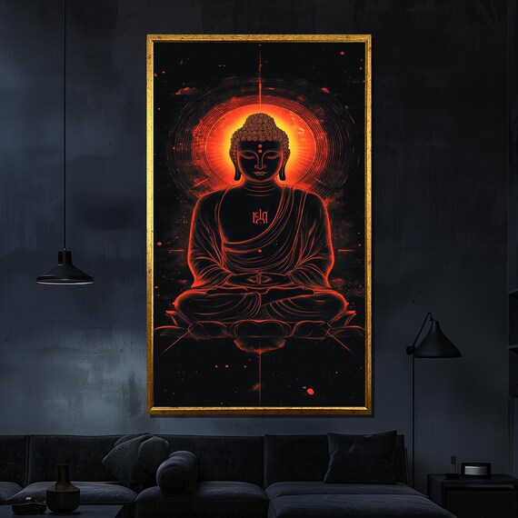 Glowing Red Neon Buddha Outline Halo Dramatic Modern Zen Art Poster